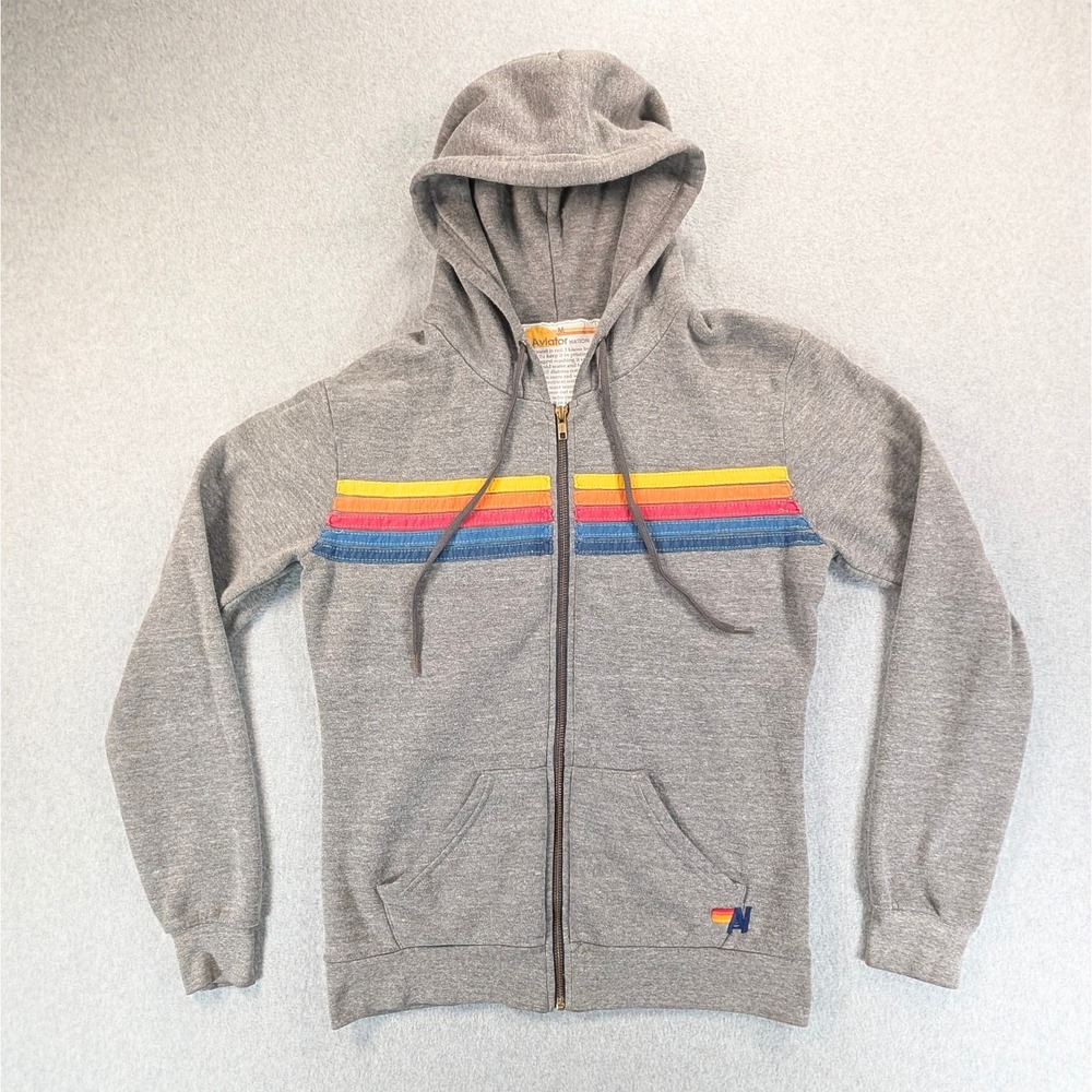 Aviator Nation 5 Stripe Rainbow Zip Up Hoodie Heather Gray Medium Made in USA